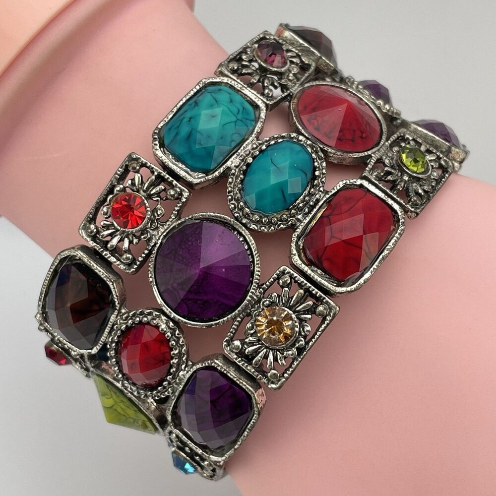 Vintage Colorful Silver Tone Wide Open Cuff Bracelet Rhinestone Statement Boho
